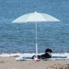 Cane sotto ombrellone su spiaggia.