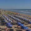 Spiaggia attrezzata con file di ombrelloni blu e bianchi.
