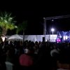 Spettacolo serale all'aperto con pubblico e palme illuminate.