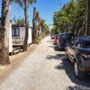 Un vialetto sterrato con case mobili a sinistra e auto parcheggiate a destra.