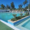 Piscina all'aperto con sdraio e ombrelloni, vegetazione intorno.