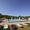 Piscina con lettini e ombrelloni nel verde.