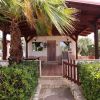 Veranda rustica circondata da palme e cespugli.