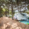 Camper parcheggiato in un'area camping ombreggiata da alberi.