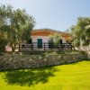 Casa su collinetta con giardino verde.