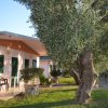 Bungalow tra alberi e prato verde.